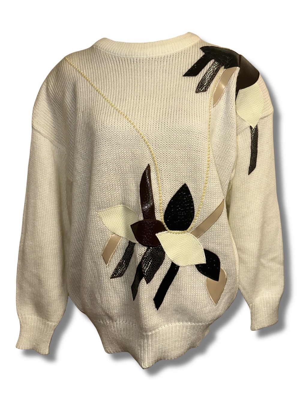 Vtg Abstract Faux Leather Appliqué Sweater